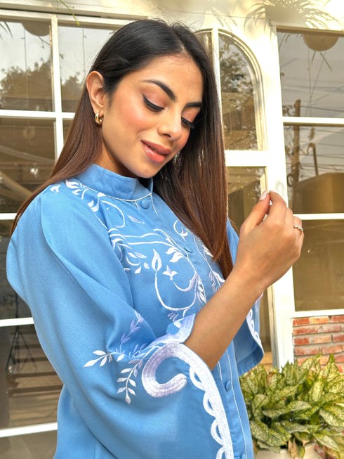 Denim Blue Embroidered Winter Fusion Set